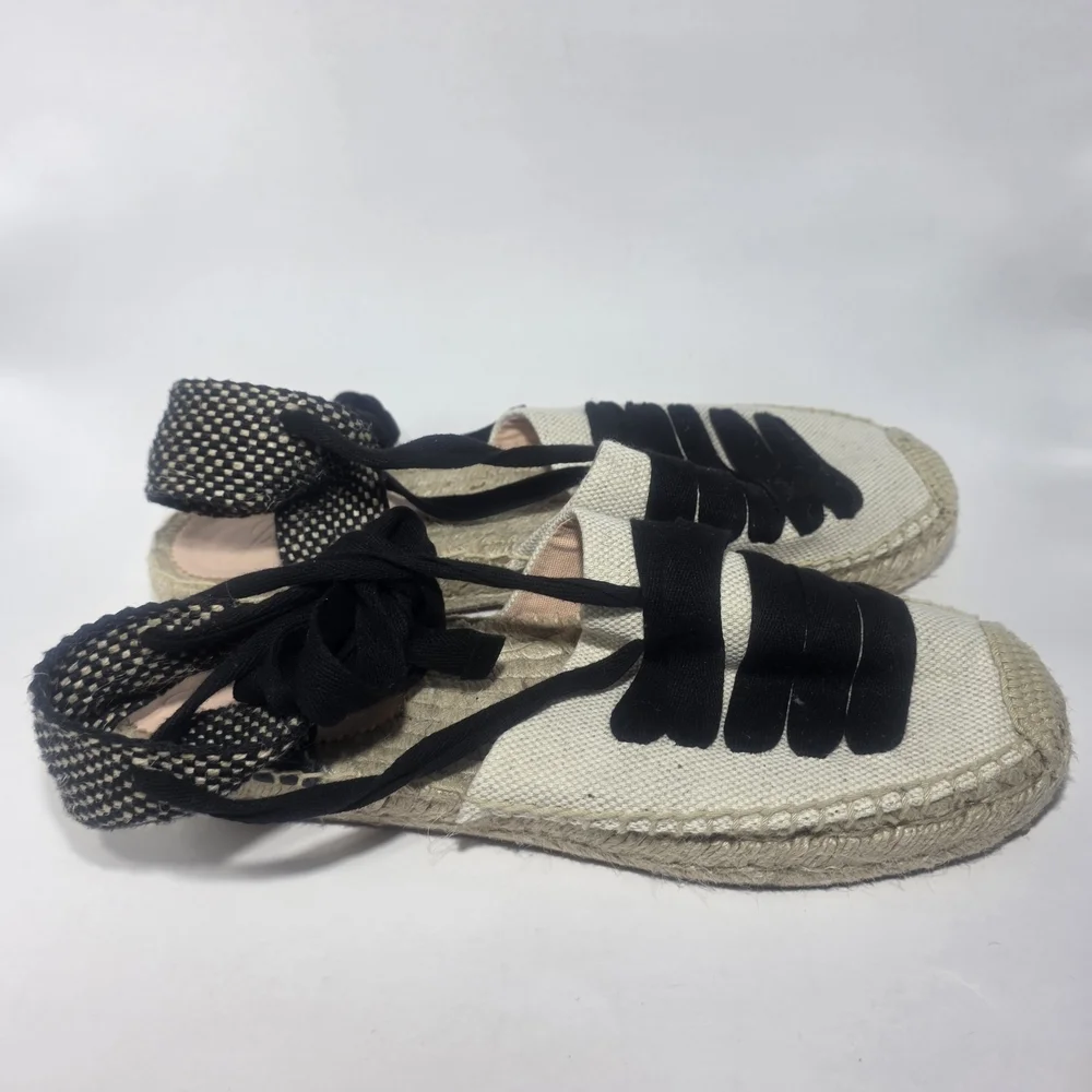 J.Crew Espadrille Lace Up Sandals Beige Black Size 11 New Without Box